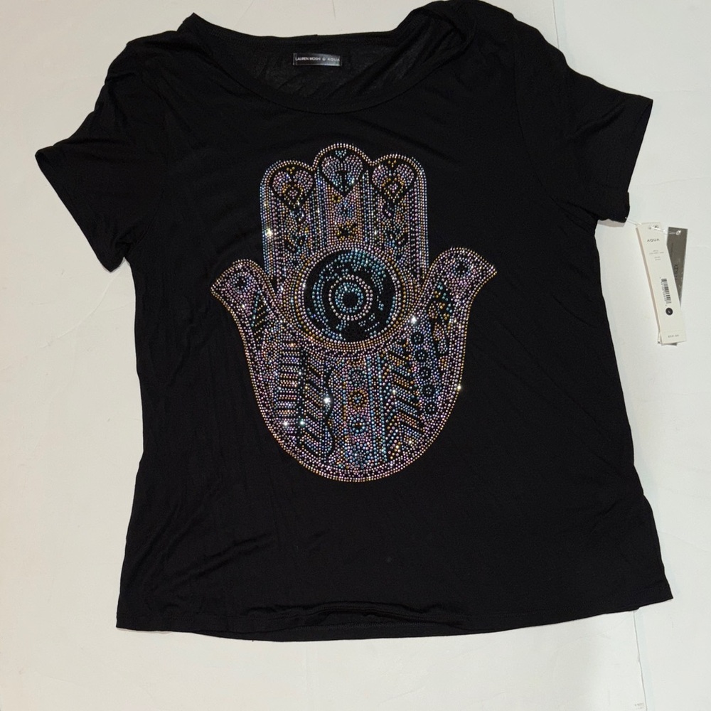 Aqua Black Tee with Colorful Hamsa Design